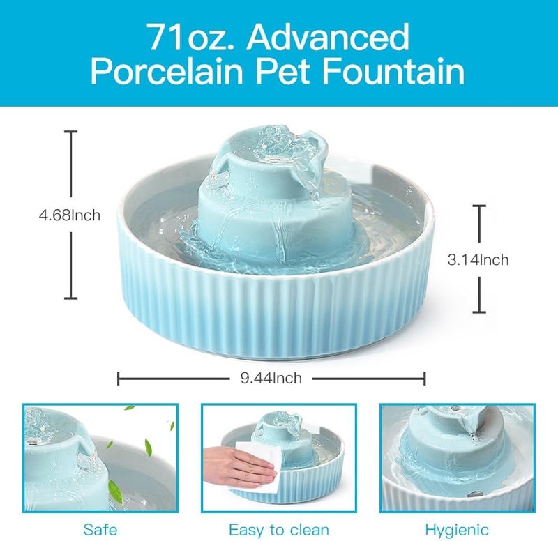 VinDox 2.1L Ceramic Cat Water Fountain-for Cats and Dogs, 360 Ceramic Pet Fountain-70 Oz Large Water Capacity - Whisper-Quiet Water Flow-Great for Shy or Timid Pets - Fresh, Filtered Water (Blue) - Image 5